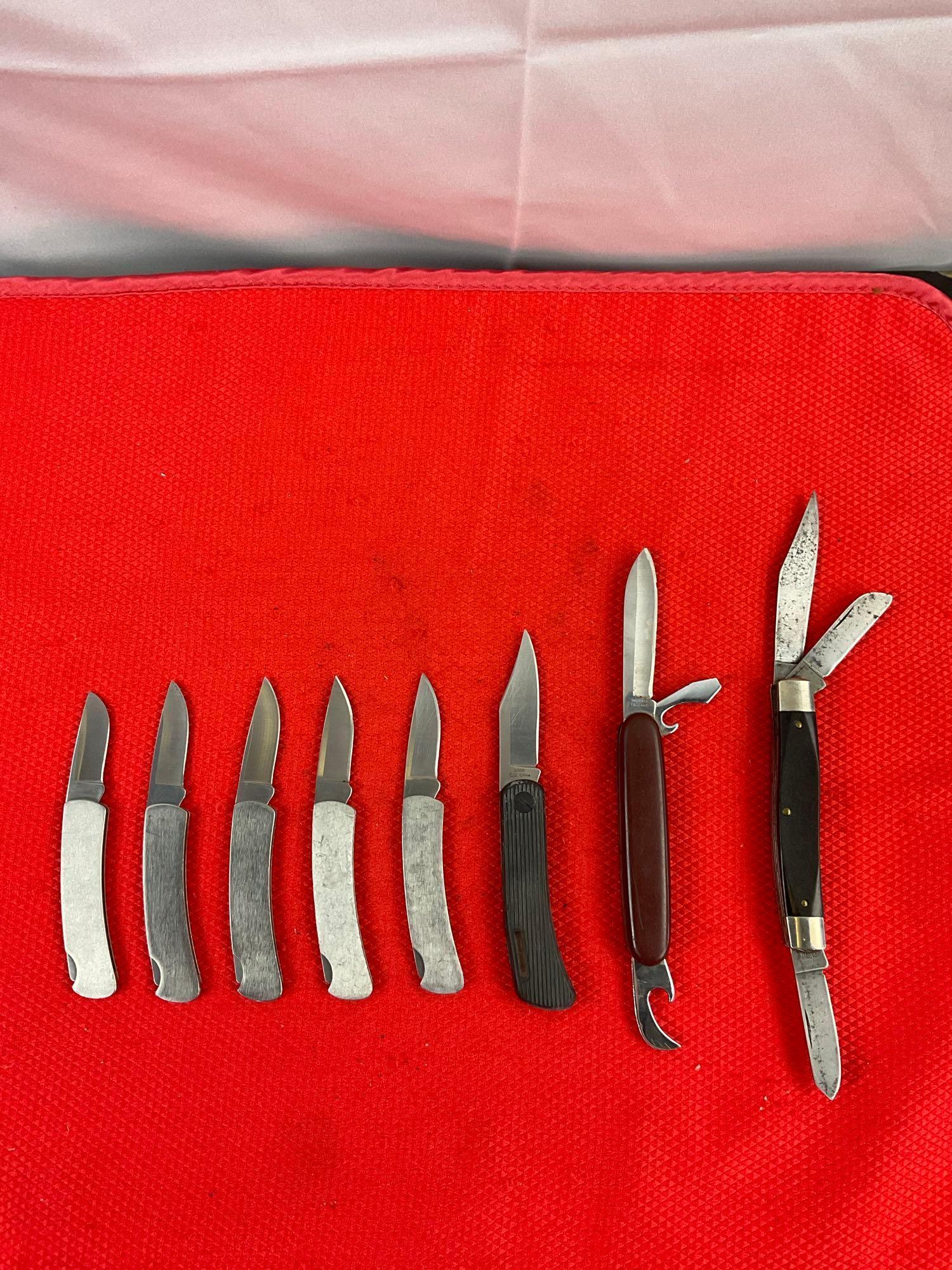 8 pcs Steel Folding Blade Pocket Knife Assortment. 5x Buck, 1x Kershaw, 1x Rodgers, 1x Ranger. See
