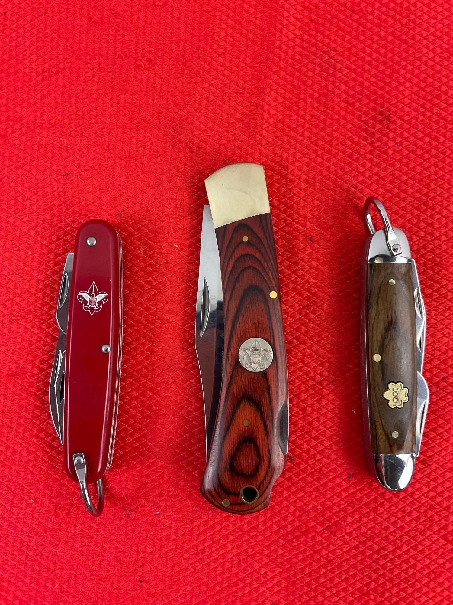 3 pcs Scout Ware Steel Folding Blade Pocket Knives. 2x Boy Scouts. Girl Scouts 100 Years. NIB. See