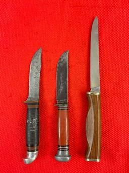 3 pcs Vintage Steel Fixed Blade Hunting Knives w/ Sheathes. 2x Remington, 1x Sharp DF 60. See pics.