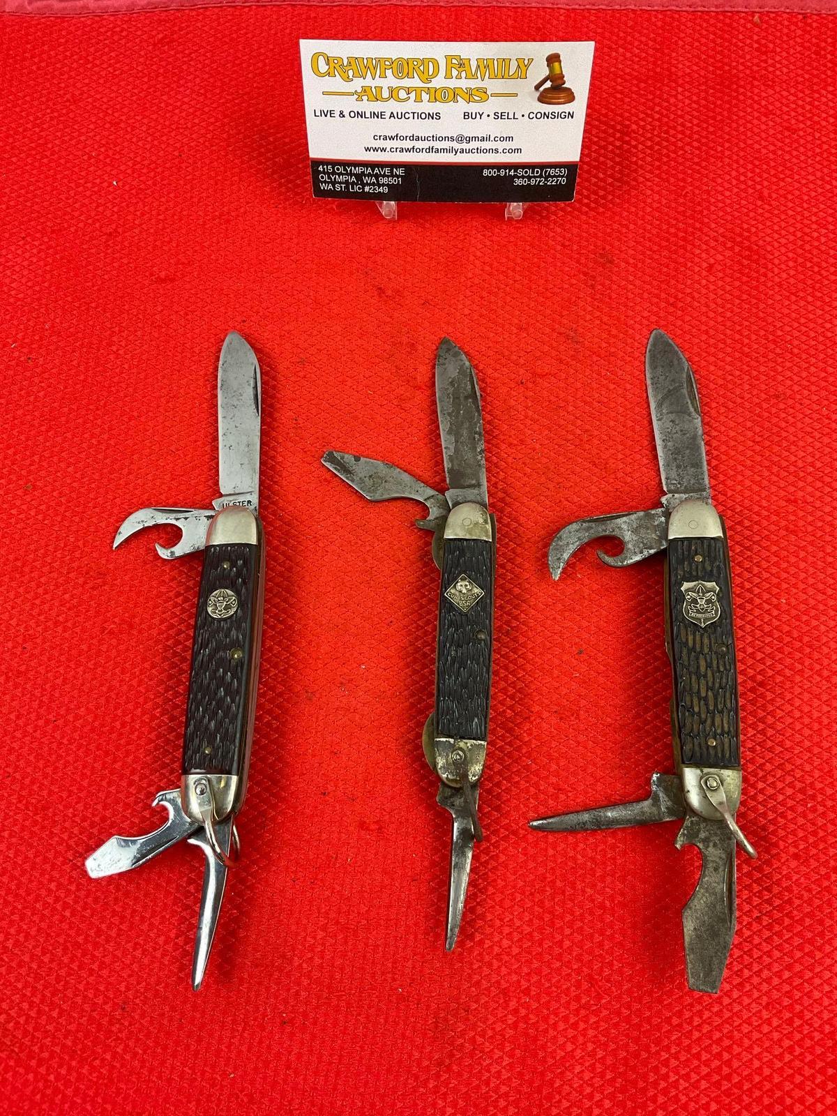 3 pcs Vintage Steel Folding Blade Utility Boy Scout Knives, 2x Imperial Prov. & 1 Ulster. As Is. ...