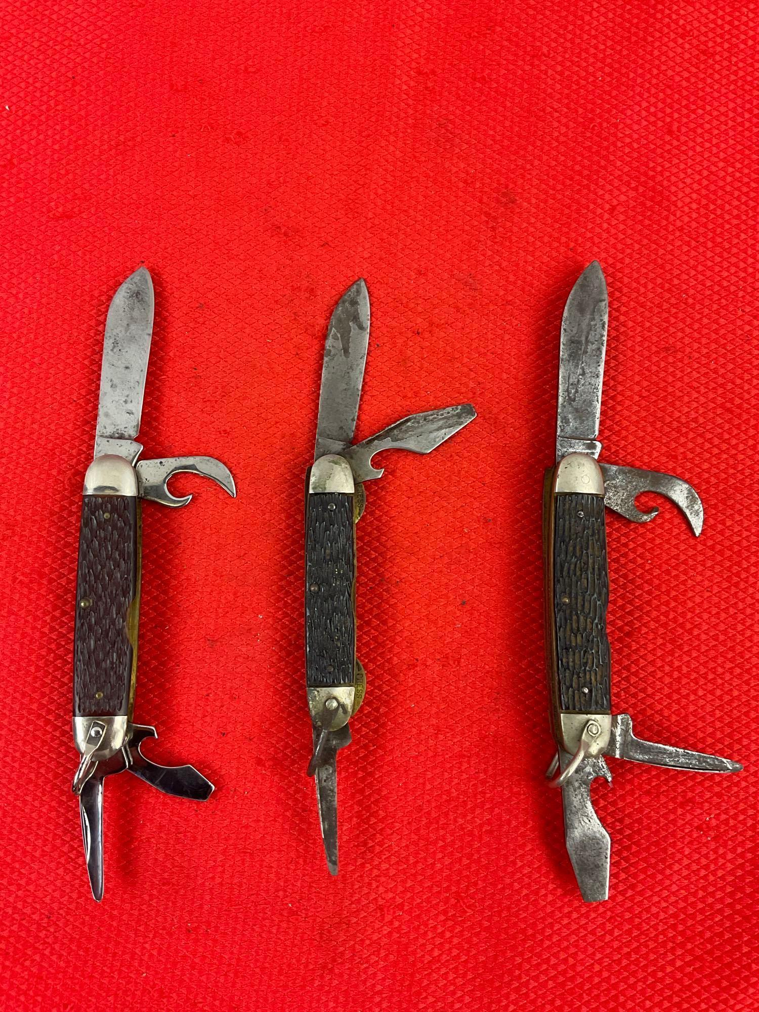 3 pcs Vintage Steel Folding Blade Utility Boy Scout Knives, 2x Imperial Prov. & 1 Ulster. As Is. ...