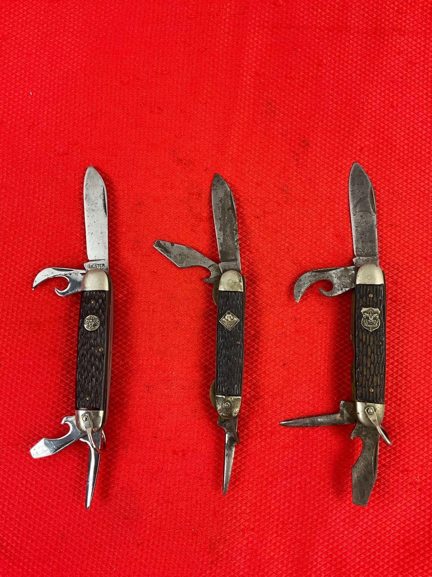 3 pcs Vintage Steel Folding Blade Utility Boy Scout Knives, 2x Imperial Prov. & 1 Ulster. As Is. ...