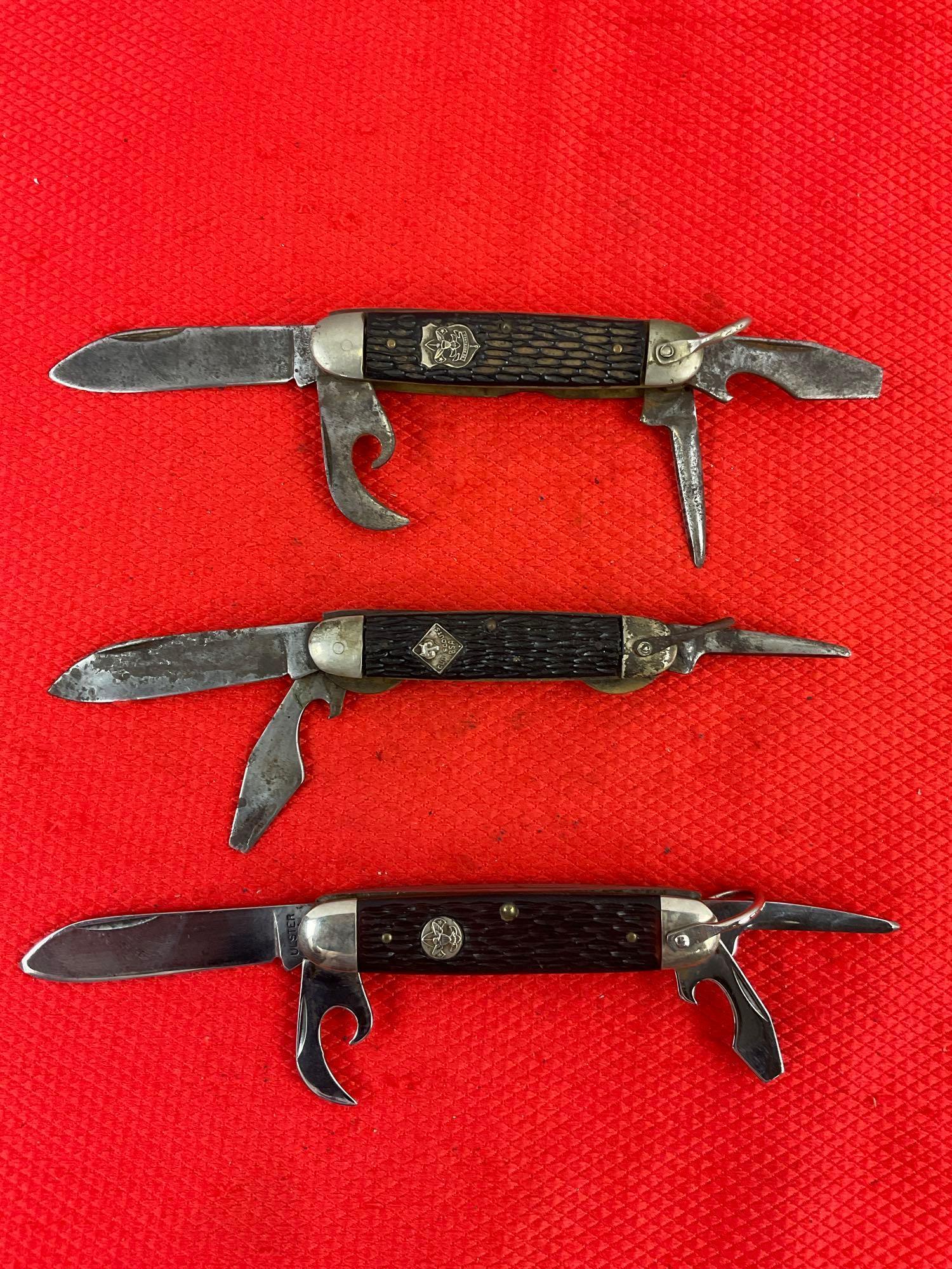 3 pcs Vintage Steel Folding Blade Utility Boy Scout Knives, 2x Imperial Prov. & 1 Ulster. As Is. ...