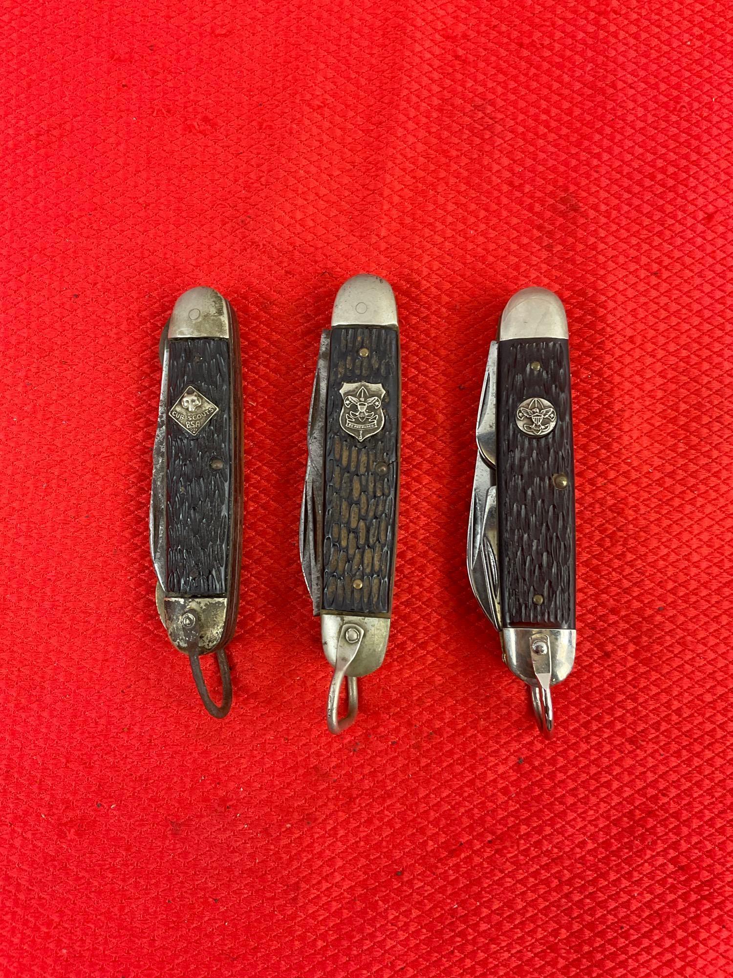 3 pcs Vintage Steel Folding Blade Utility Boy Scout Knives, 2x Imperial Prov. & 1 Ulster. As Is. ...