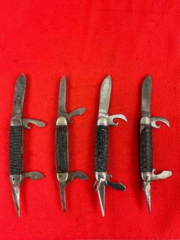 4 pcs Vintage Imperial Steel 4-Blade Folding Utility Pocket Knives, 2x Kamp-Kings, 2x Scouts. See