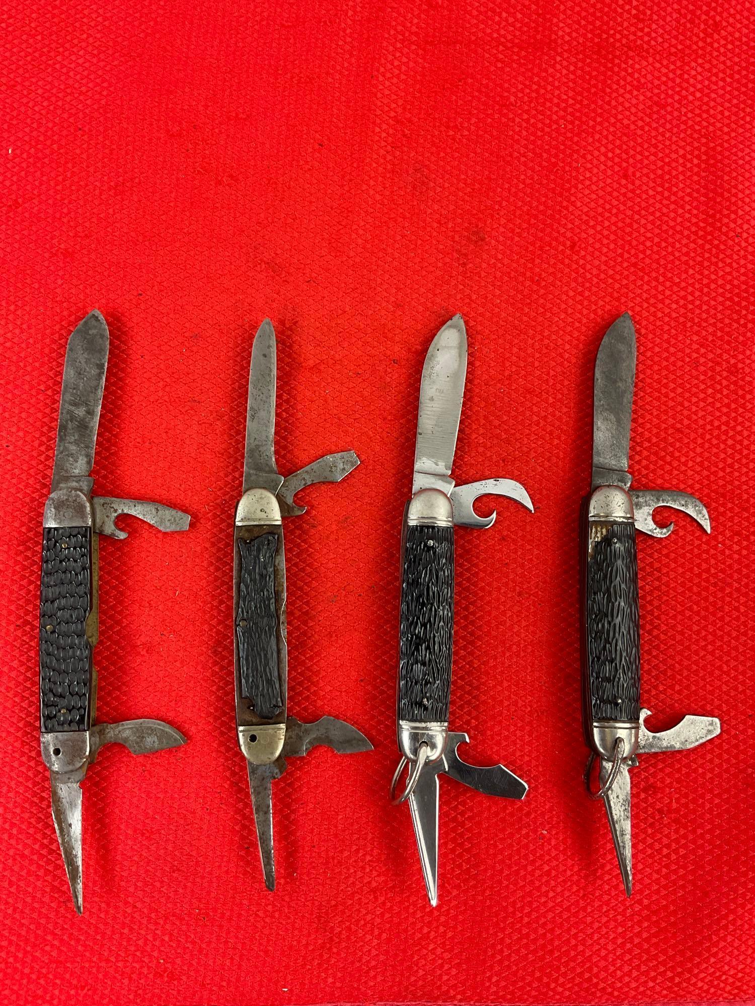 4 pcs Vintage Imperial Steel 4-Blade Folding Utility Pocket Knives, 2x Kamp-Kings, 2x Scouts. See