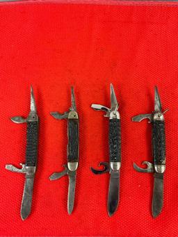 4 pcs Vintage Imperial Steel 4-Blade Folding Utility Pocket Knives, 2x Kamp-Kings, 2x Scouts. See