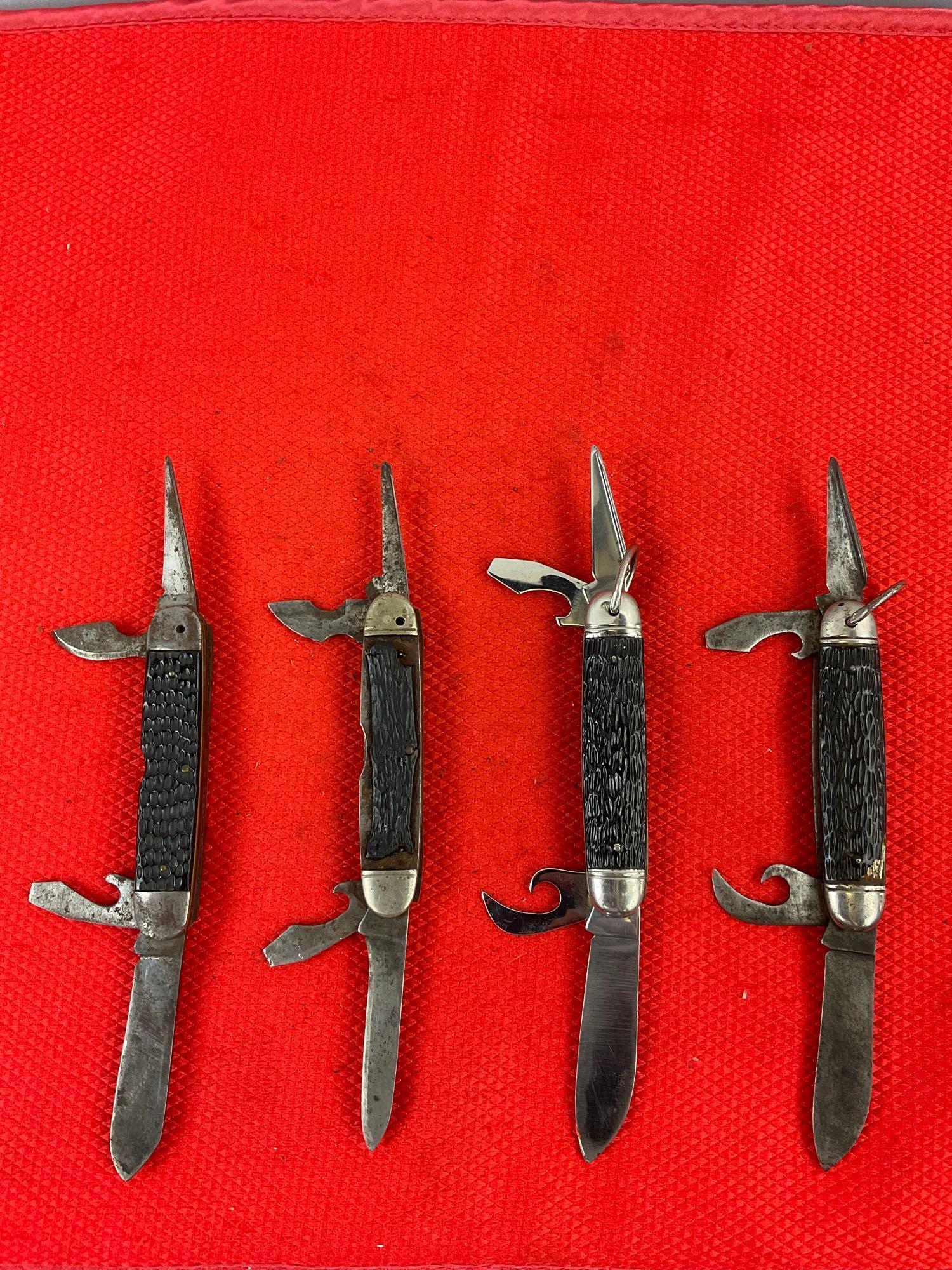 4 pcs Vintage Imperial Steel 4-Blade Folding Utility Pocket Knives, 2x Kamp-Kings, 2x Scouts. See