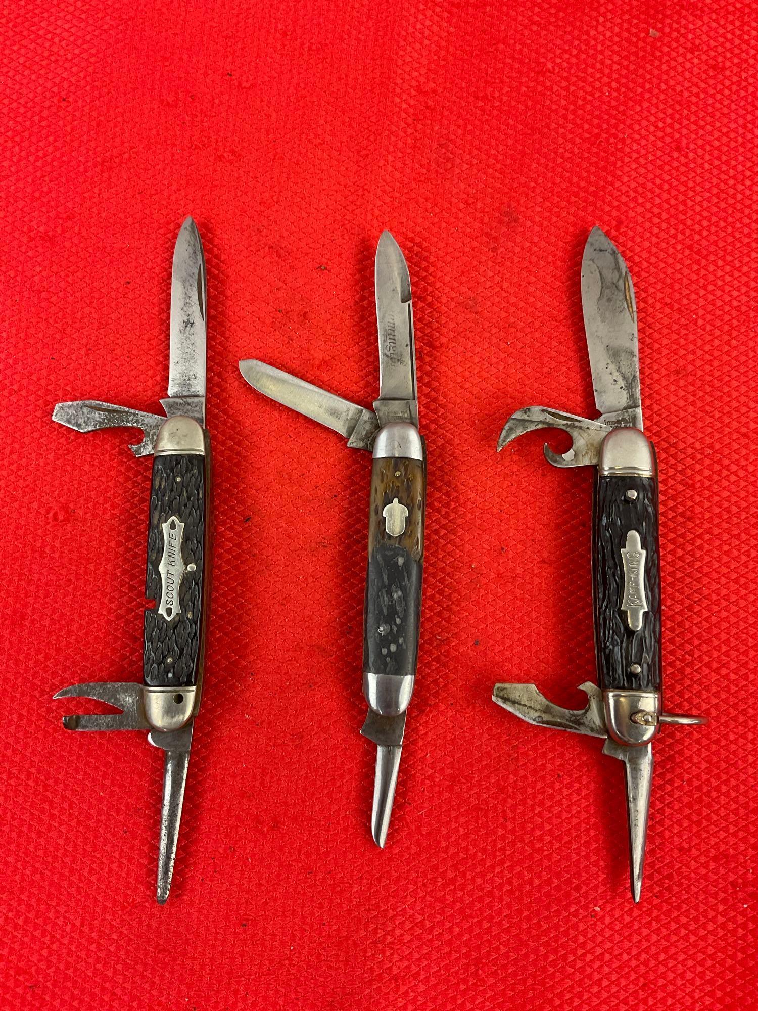 3 pcs Vintage Steel Folding Blade Utility Pocket Knives, 1x Camillus, 1x Imperial, 1x Remington. ...