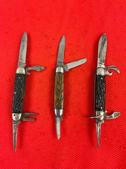 3 pcs Vintage Steel Folding Blade Utility Pocket Knives, 1x Camillus, 1x Imperial, 1x Remington. ...