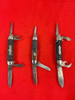 3 pcs Vintage Steel Folding Blade Utility Pocket Knives, 1x Camillus, 1x Imperial, 1x Remington. ...