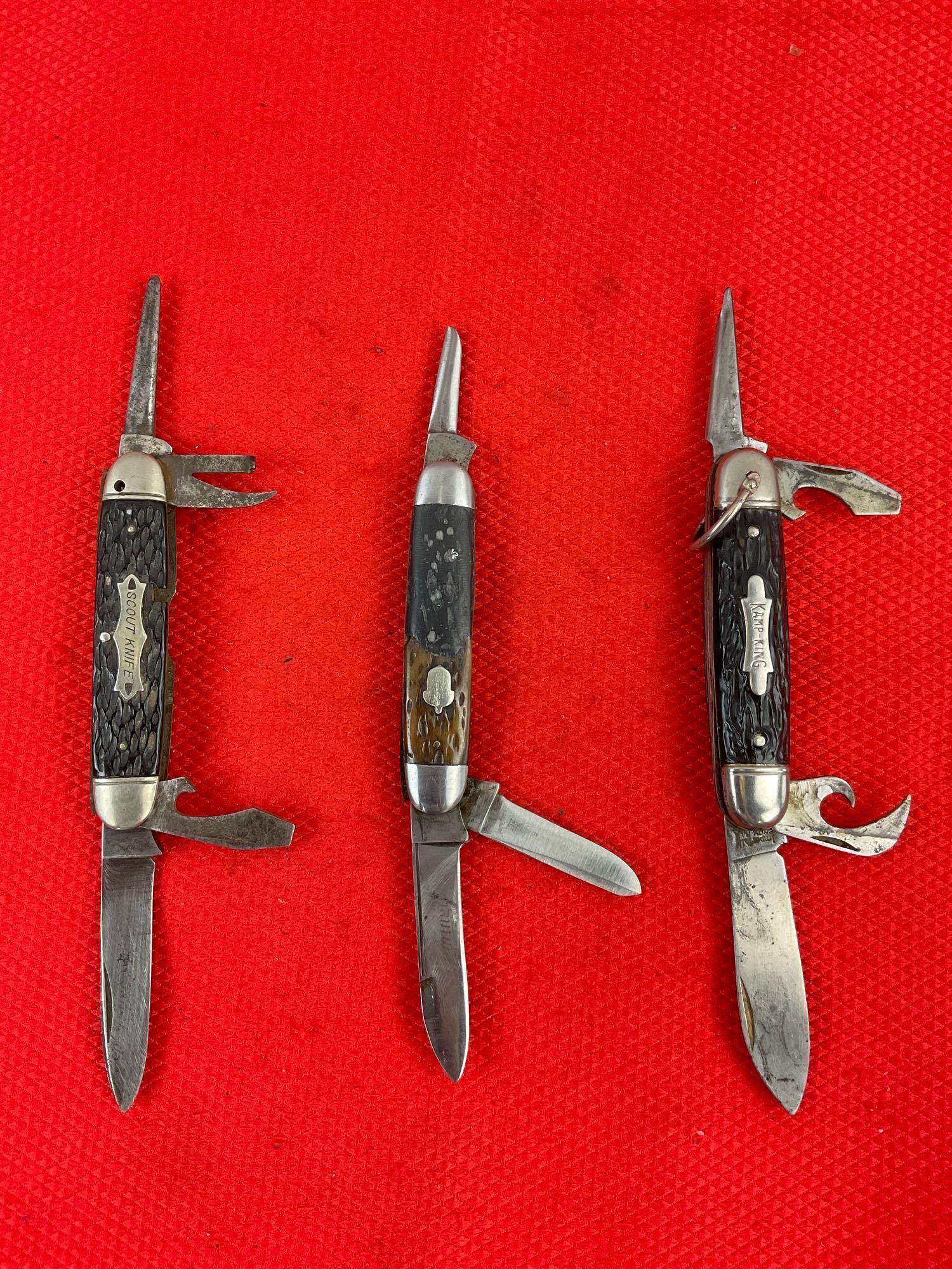 3 pcs Vintage Steel Folding Blade Utility Pocket Knives, 1x Camillus, 1x Imperial, 1x Remington. ...