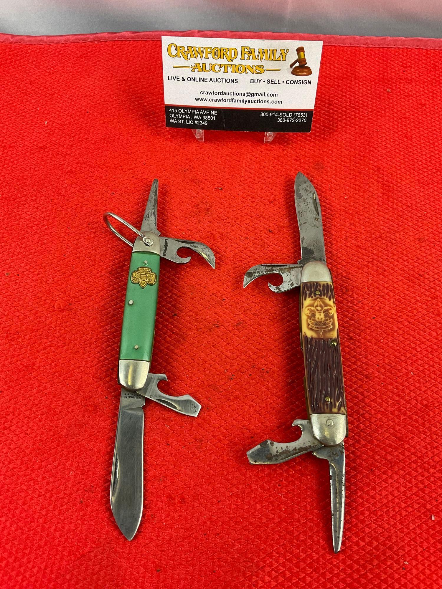 2 pcs Vintage Steel Folding 4-Blade Scout Utility Pocket Knives. 1x Imperial, 1x Kutmaster. See