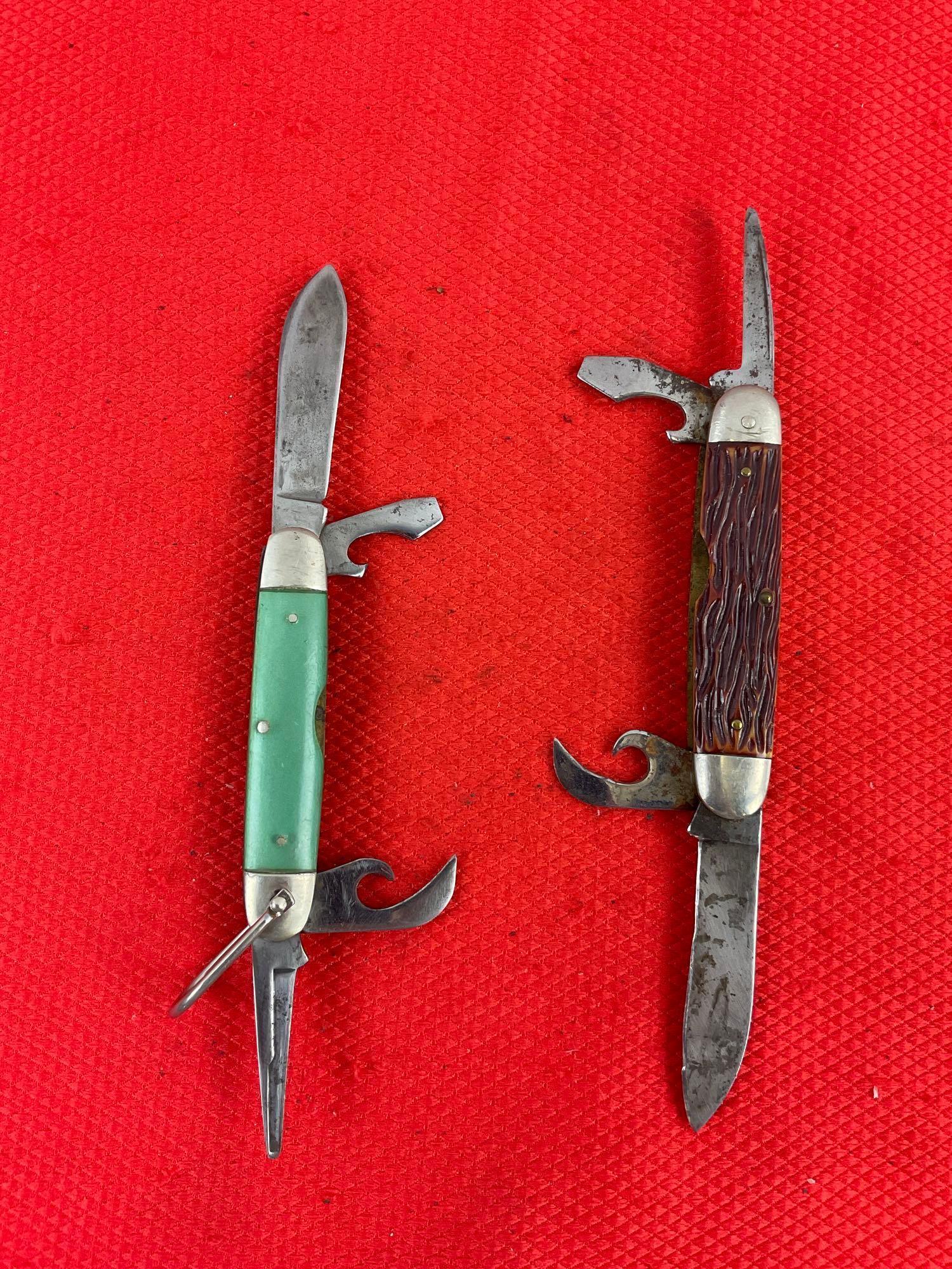 2 pcs Vintage Steel Folding 4-Blade Scout Utility Pocket Knives. 1x Imperial, 1x Kutmaster. See