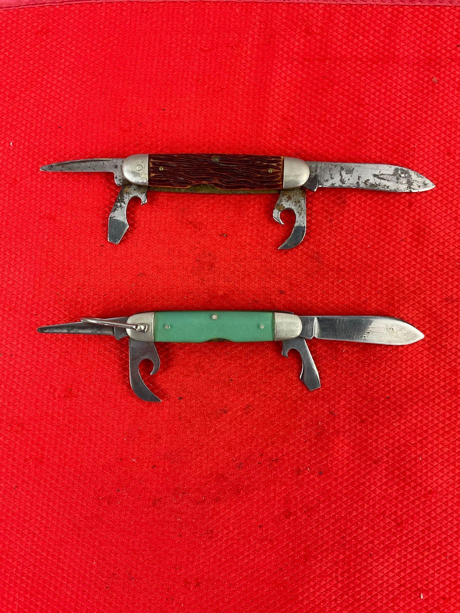 2 pcs Vintage Steel Folding 4-Blade Scout Utility Pocket Knives. 1x Imperial, 1x Kutmaster. See