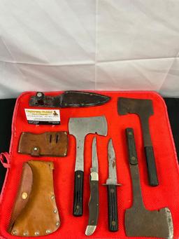 5 pcs Vintage Camping Hand Tool Assortment. 3x Camper's Hatchets, 2x Hunting Knives. As Is. See