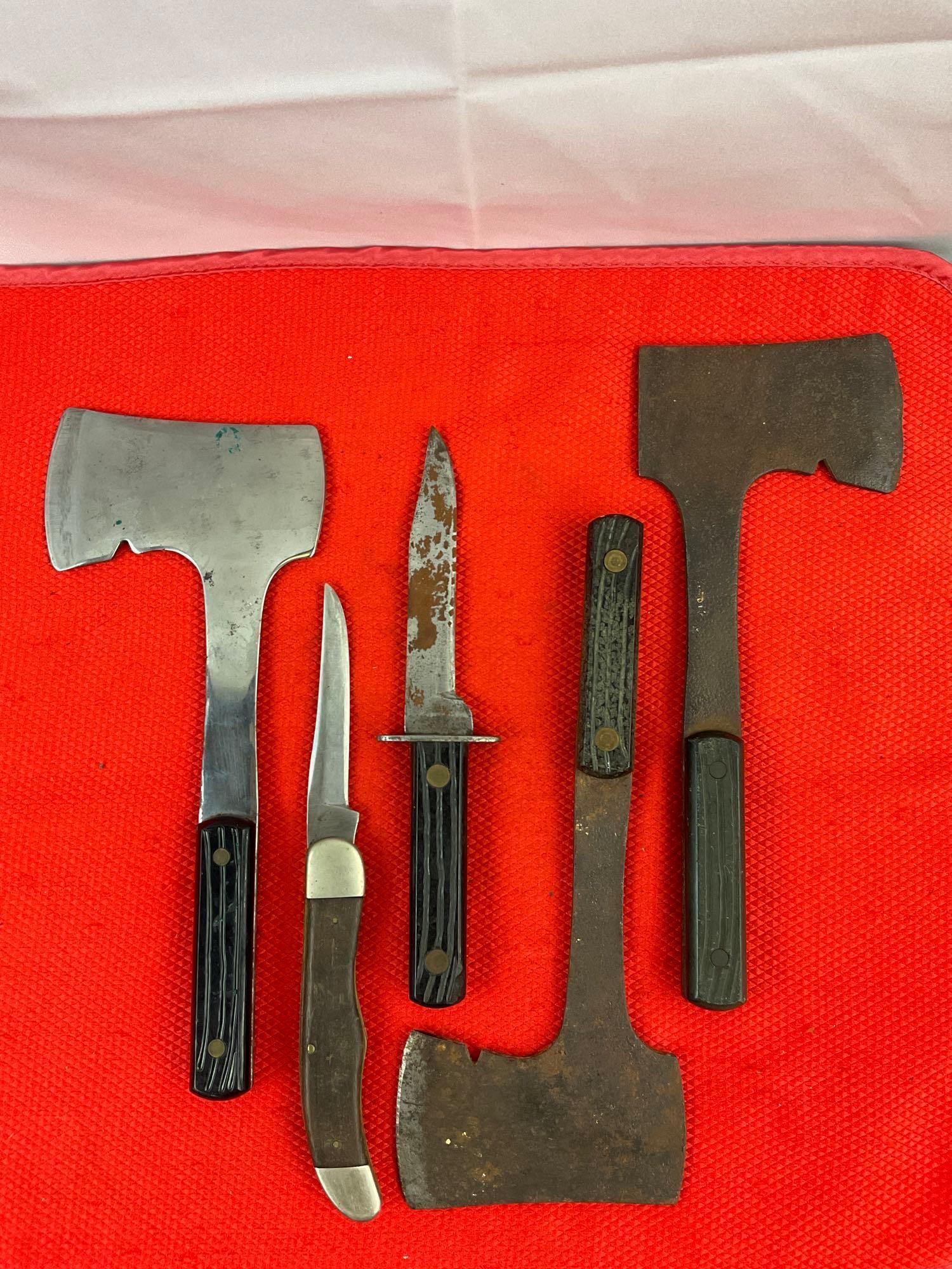 5 pcs Vintage Camping Hand Tool Assortment. 3x Camper's Hatchets, 2x Hunting Knives. As Is. See