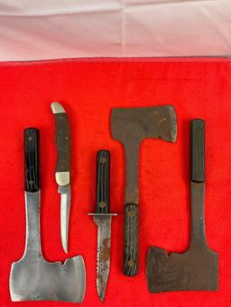 5 pcs Vintage Camping Hand Tool Assortment. 3x Camper's Hatchets, 2x Hunting Knives. As Is. See
