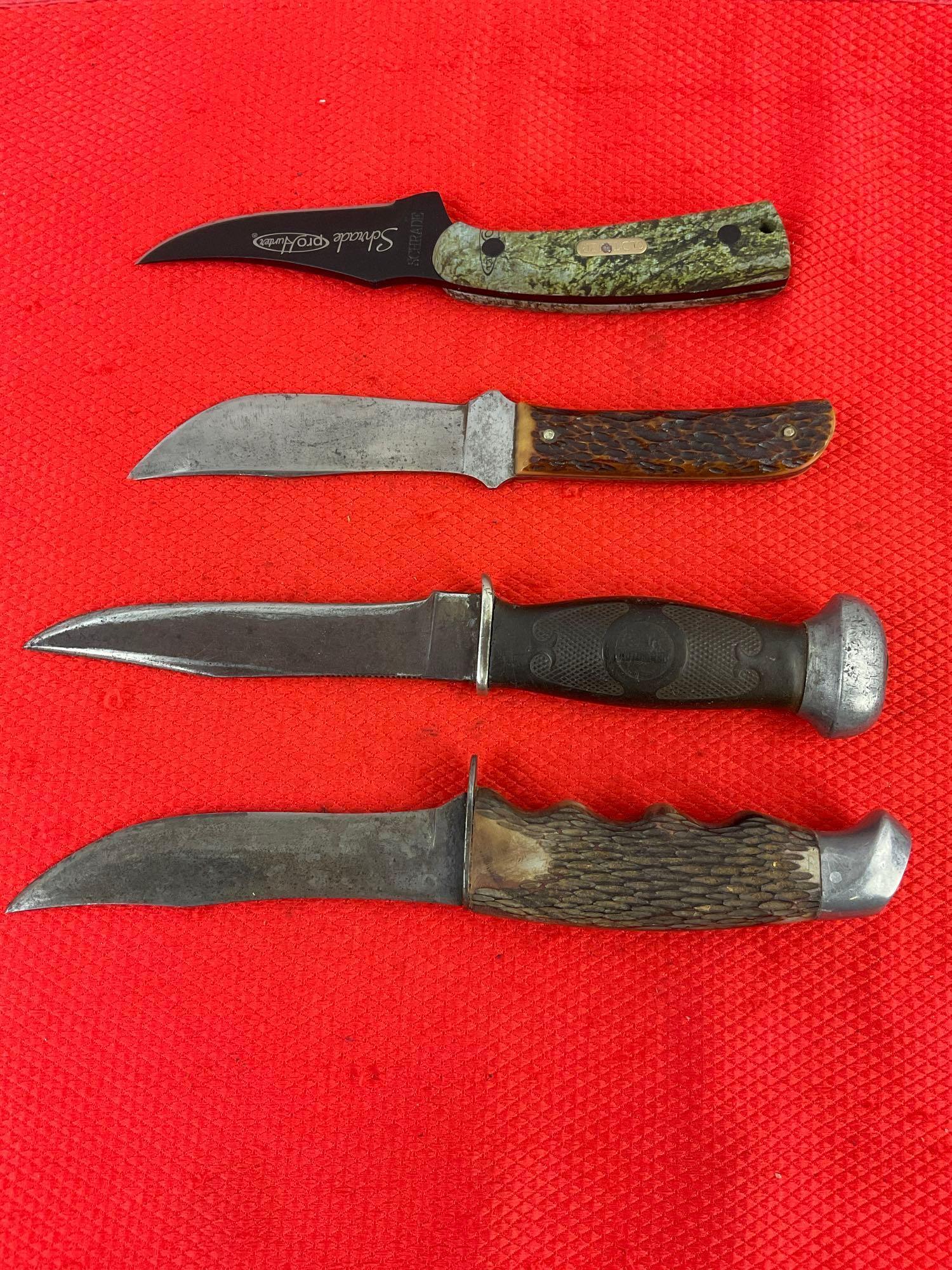 4 pcs Steel Fixed Blade Hunting Knife Assortment. 2x Schrade, 1x Remington, 1x Unknown. See pics.