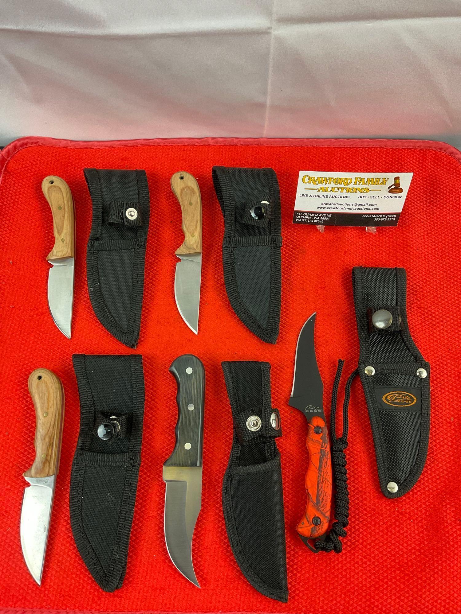 5 pcs Modern Steel Fixed Blade Hunting Knife Assortment. 1x Rite Edge, 4x Unknown. See pics.