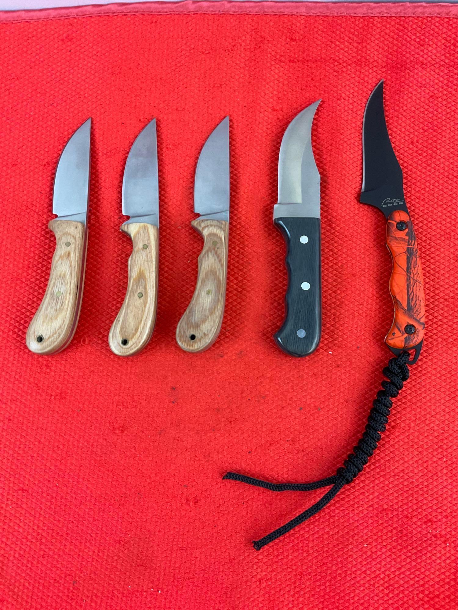 5 pcs Modern Steel Fixed Blade Hunting Knife Assortment. 1x Rite Edge, 4x Unknown. See pics.