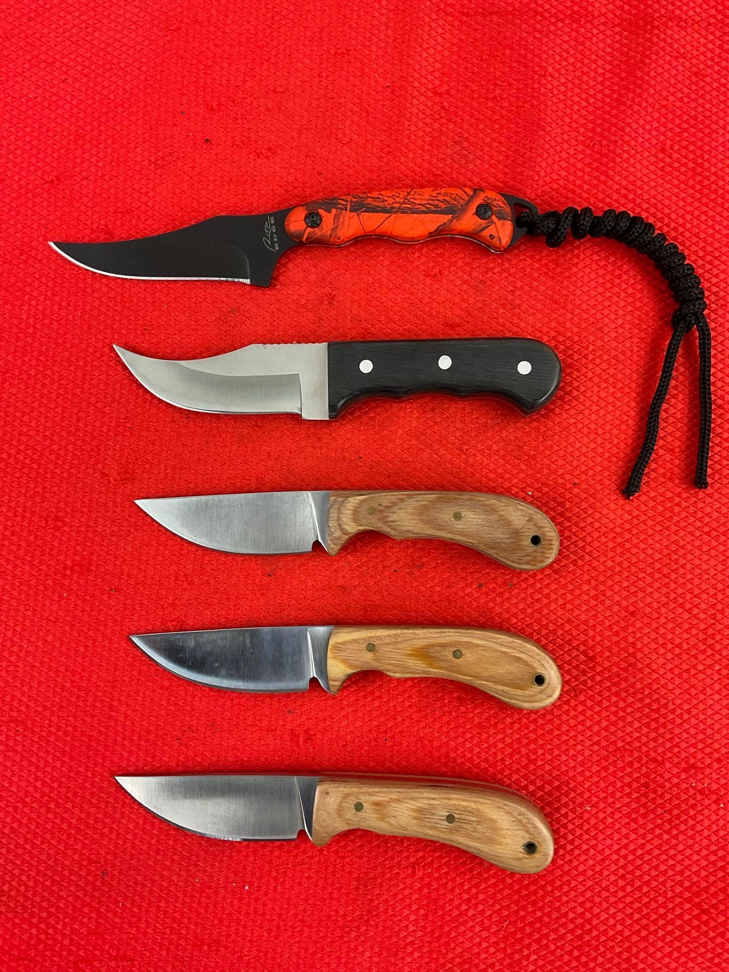 5 pcs Modern Steel Fixed Blade Hunting Knife Assortment. 1x Rite Edge, 4x Unknown. See pics.