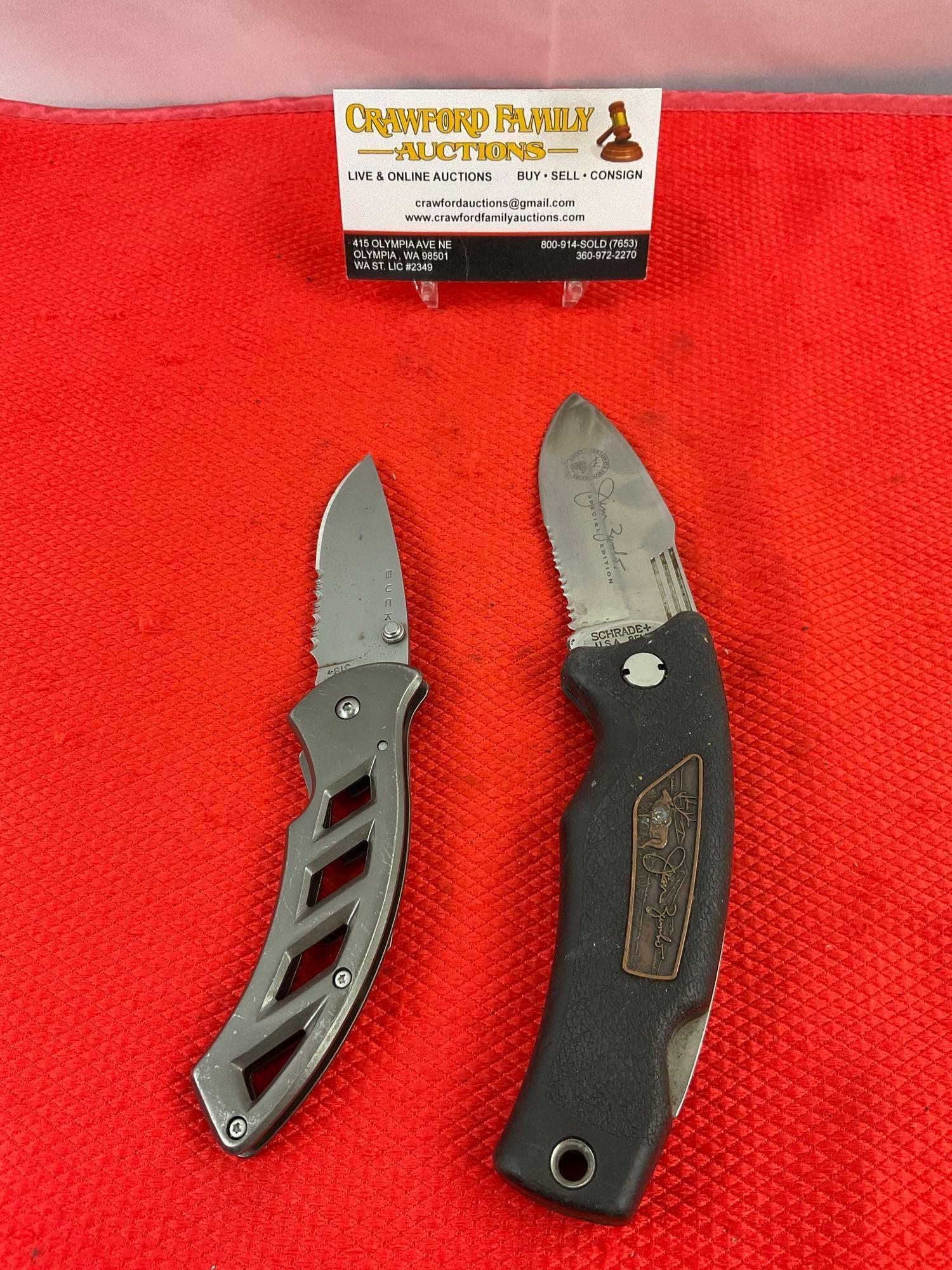 2 pcs Modern Steel Folding Blade Hunting Knives. 1x Buck 318, 1x Schrade+ 8ELK Jim Zumbo Edition.