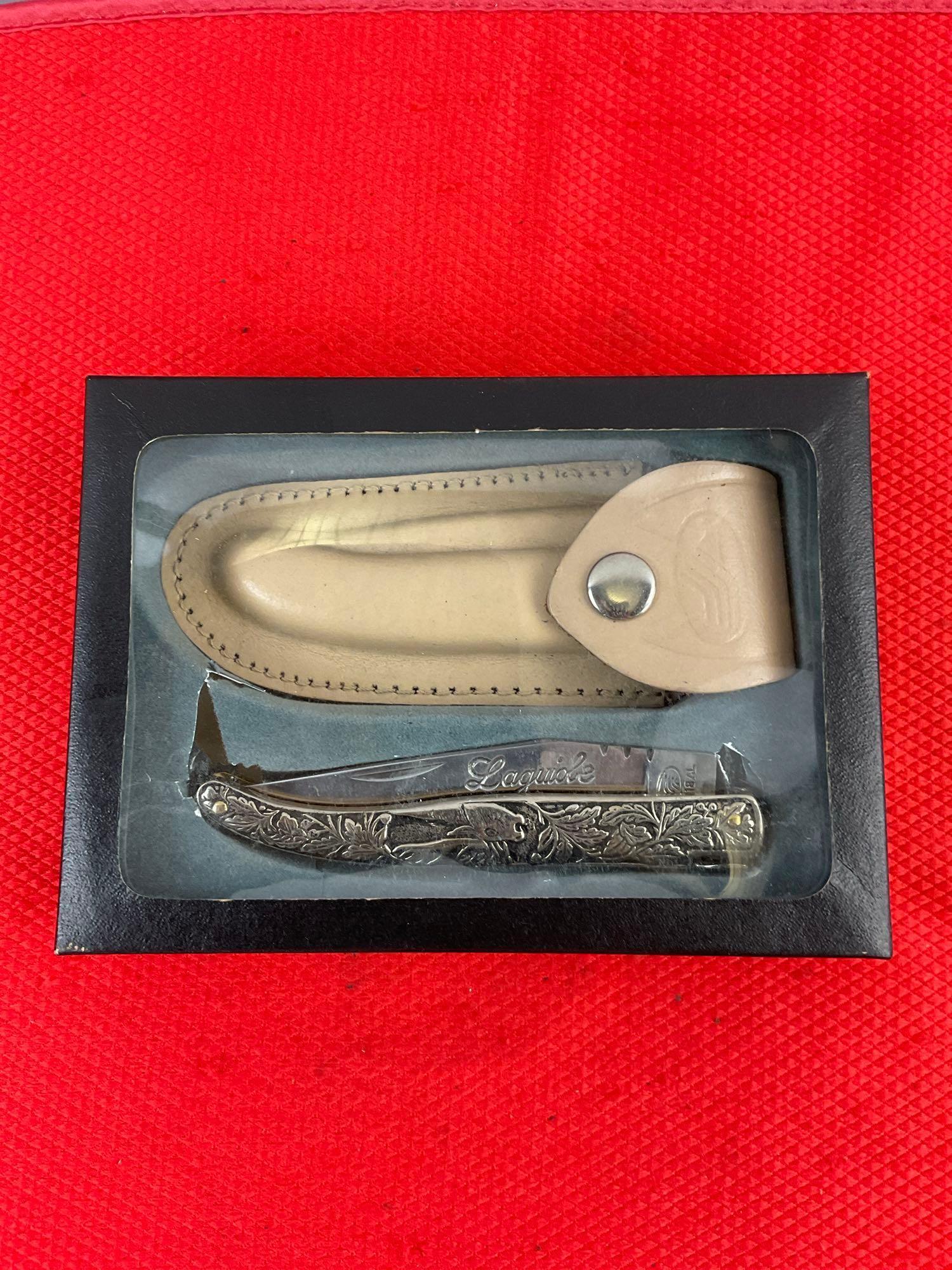 Laguiole 3.5" Steel Folding Blade Pocket Knife w/ Engraved Handle & Sheath Model 728618AL. NIB. See