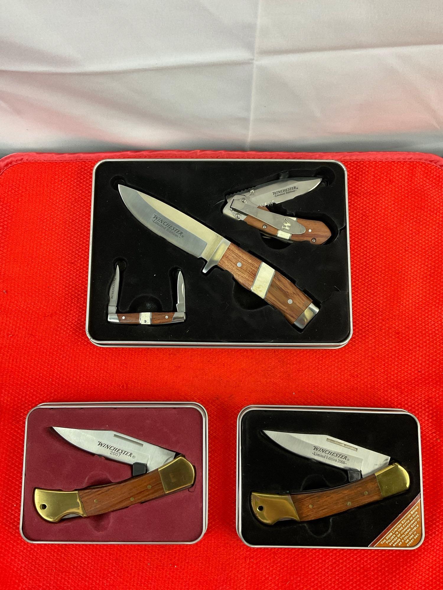3 pcs Winchester Steel Hunting Knife Gift Box Sets. 5 Knives in 3 Tin Boxes. Ltd Ed 2007, 2008. See