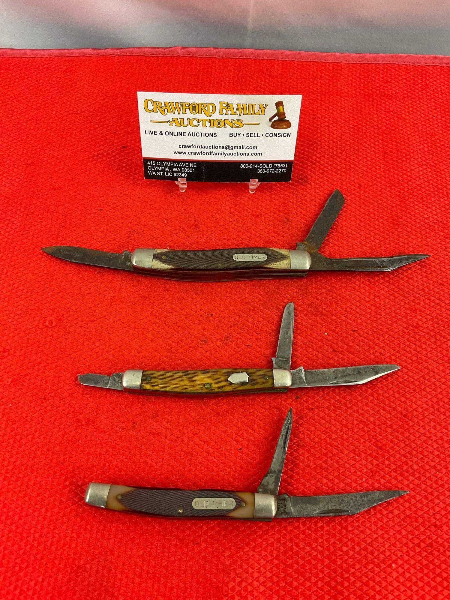 3 pcs Vintage Schrade Steel Folding Blade Pocket Knives Models 6OT, 33OT, 834. As Is. See pics.