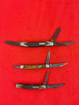 3 pcs Vintage Schrade Steel Folding Blade Pocket Knives Models 6OT, 33OT, 834. As Is. See pics.