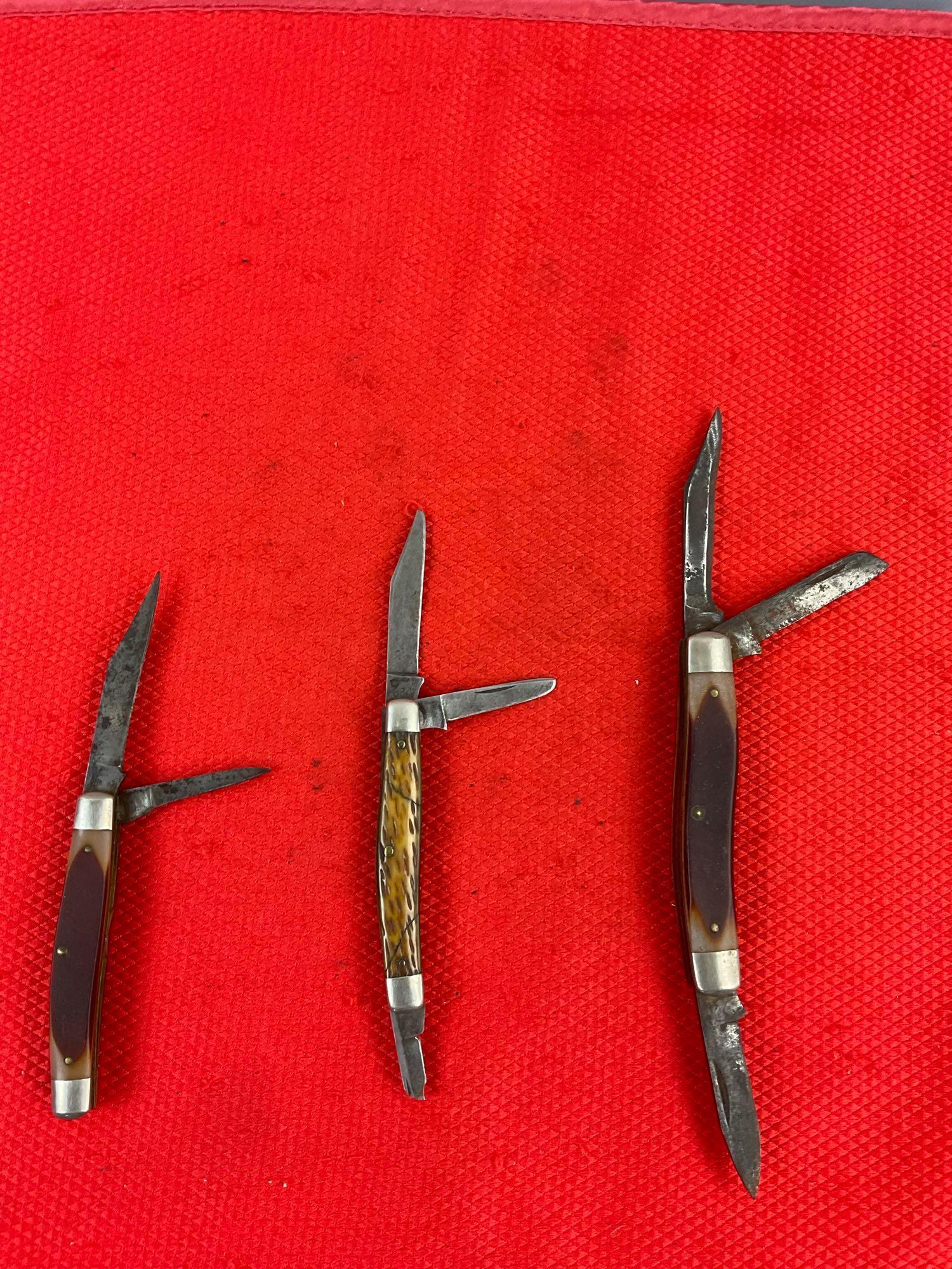 3 pcs Vintage Schrade Steel Folding Blade Pocket Knives Models 6OT, 33OT, 834. As Is. See pics.