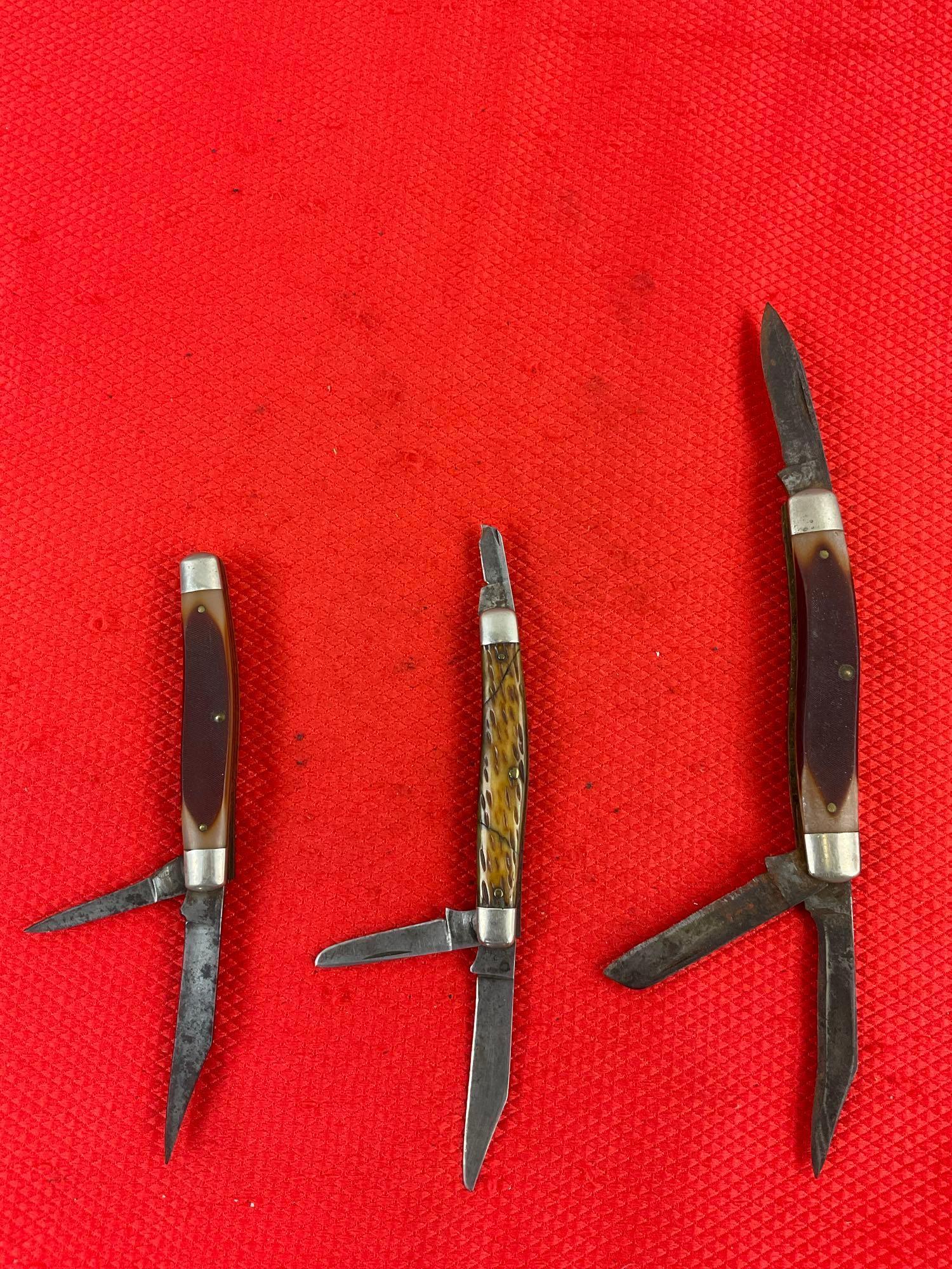 3 pcs Vintage Schrade Steel Folding Blade Pocket Knives Models 6OT, 33OT, 834. As Is. See pics.