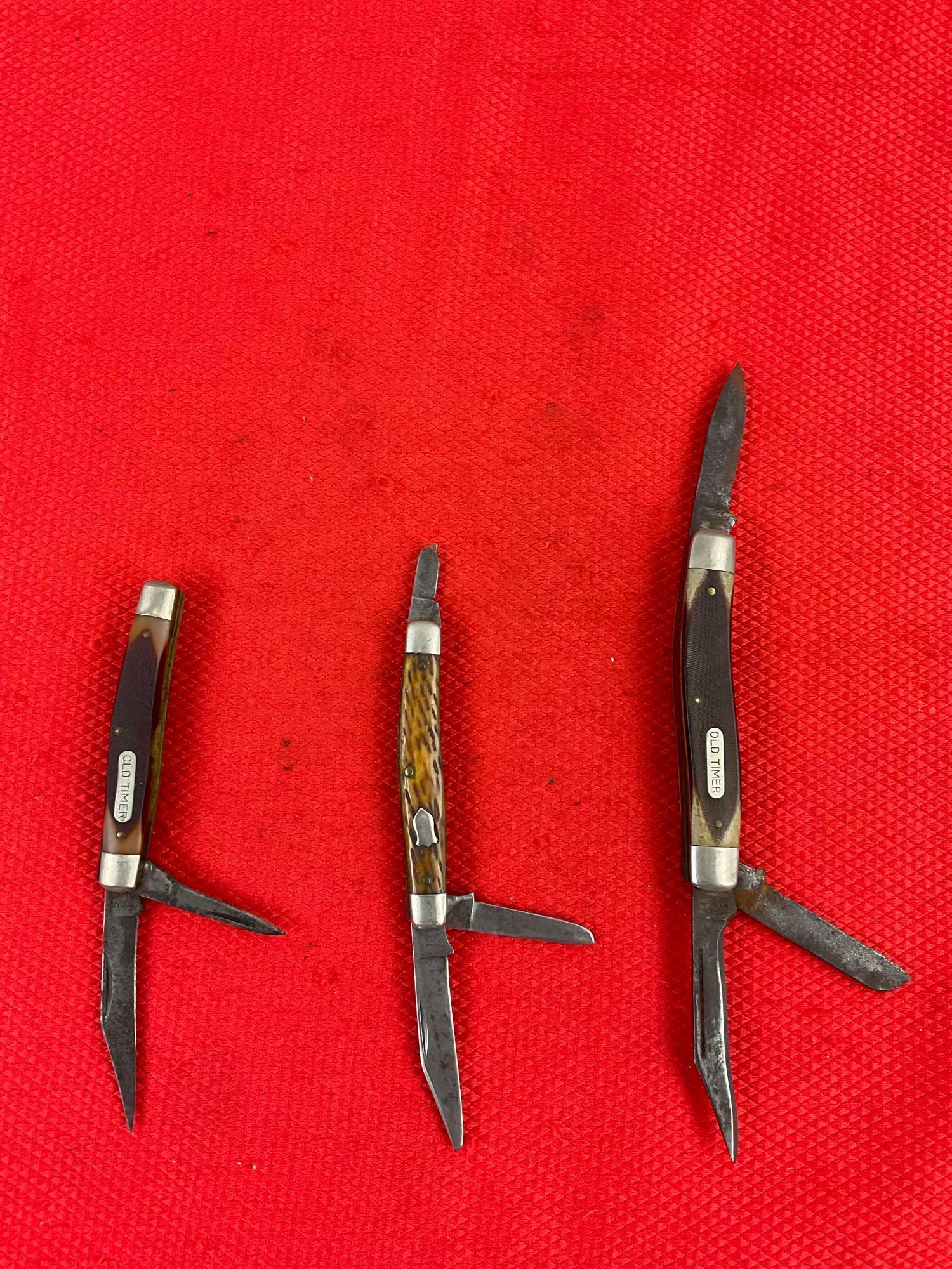 3 pcs Vintage Schrade Steel Folding Blade Pocket Knives Models 6OT, 33OT, 834. As Is. See pics.