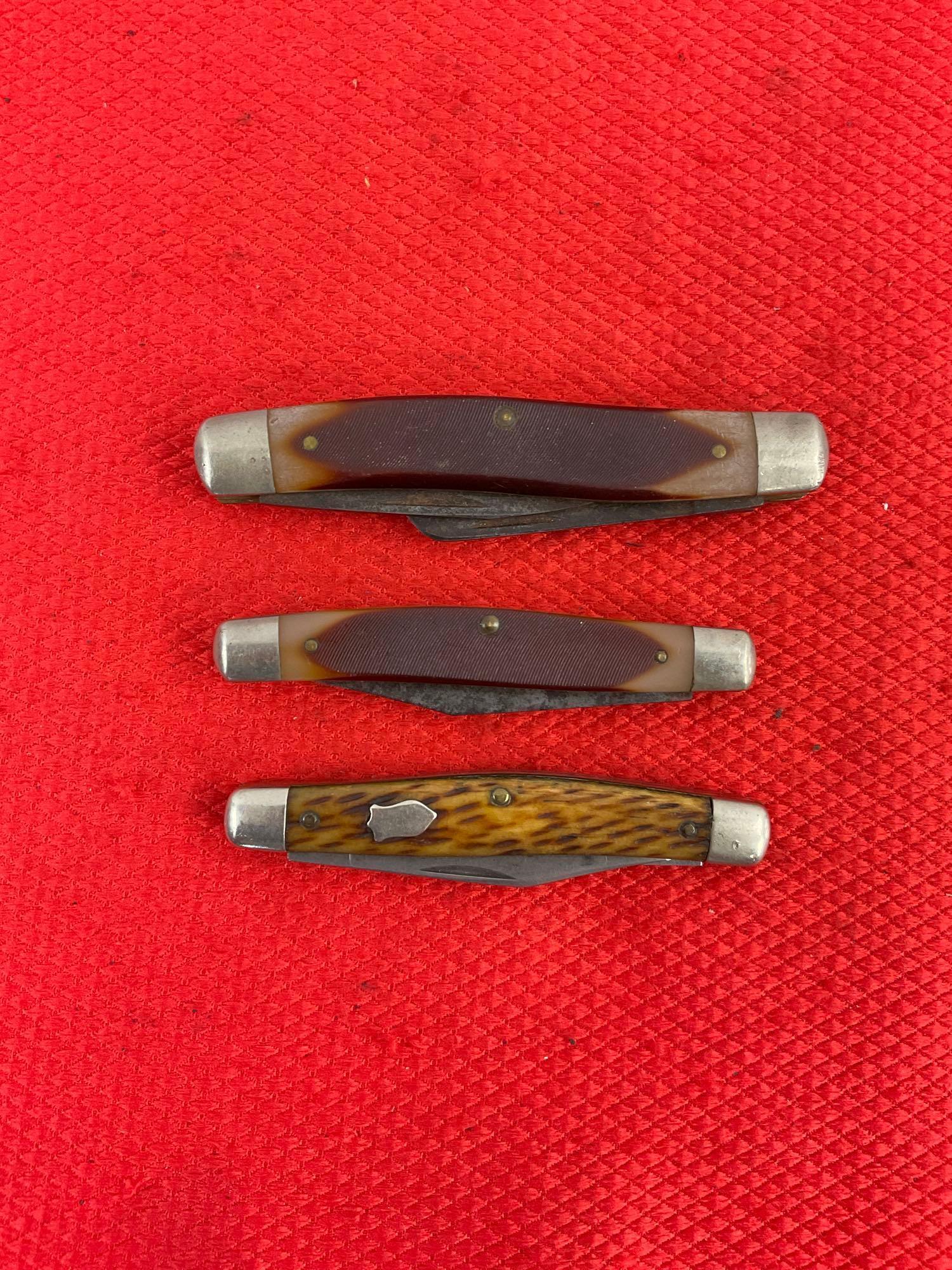 3 pcs Vintage Schrade Steel Folding Blade Pocket Knives Models 6OT, 33OT, 834. As Is. See pics.