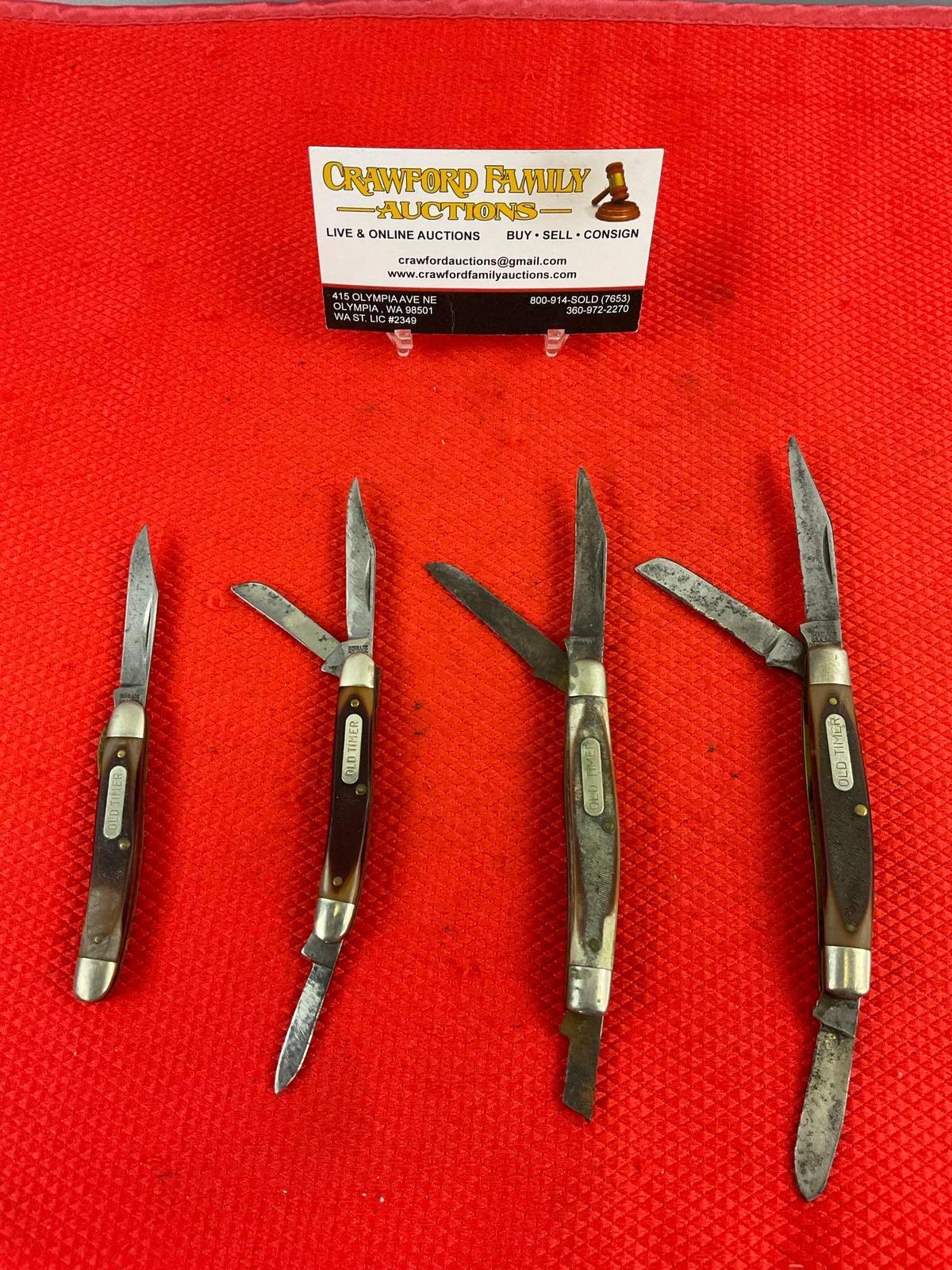 4 pcs Vintage Schrade Old Timer Folding Blade Pocket Knives Models 18OT, 108OT, 2x 34OT. As Is. See