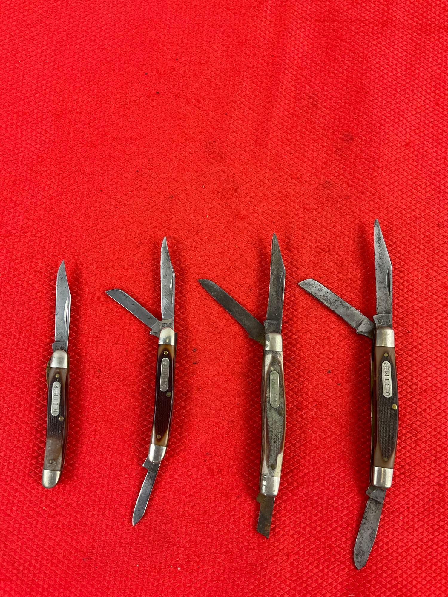 4 pcs Vintage Schrade Old Timer Folding Blade Pocket Knives Models 18OT, 108OT, 2x 34OT. As Is. See