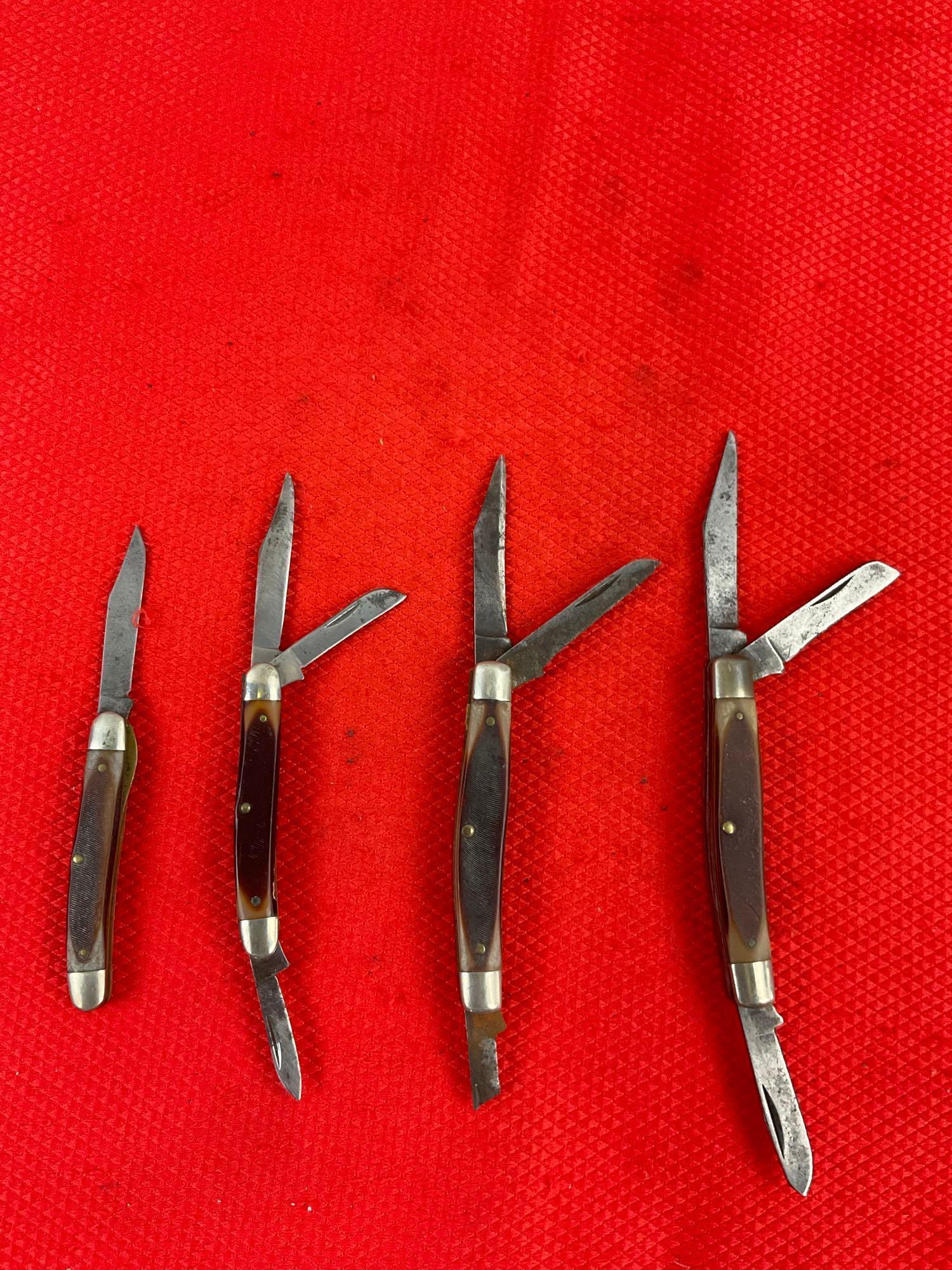 4 pcs Vintage Schrade Old Timer Folding Blade Pocket Knives Models 18OT, 108OT, 2x 34OT. As Is. See