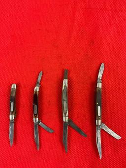 4 pcs Vintage Schrade Old Timer Folding Blade Pocket Knives Models 18OT, 108OT, 2x 34OT. As Is. See