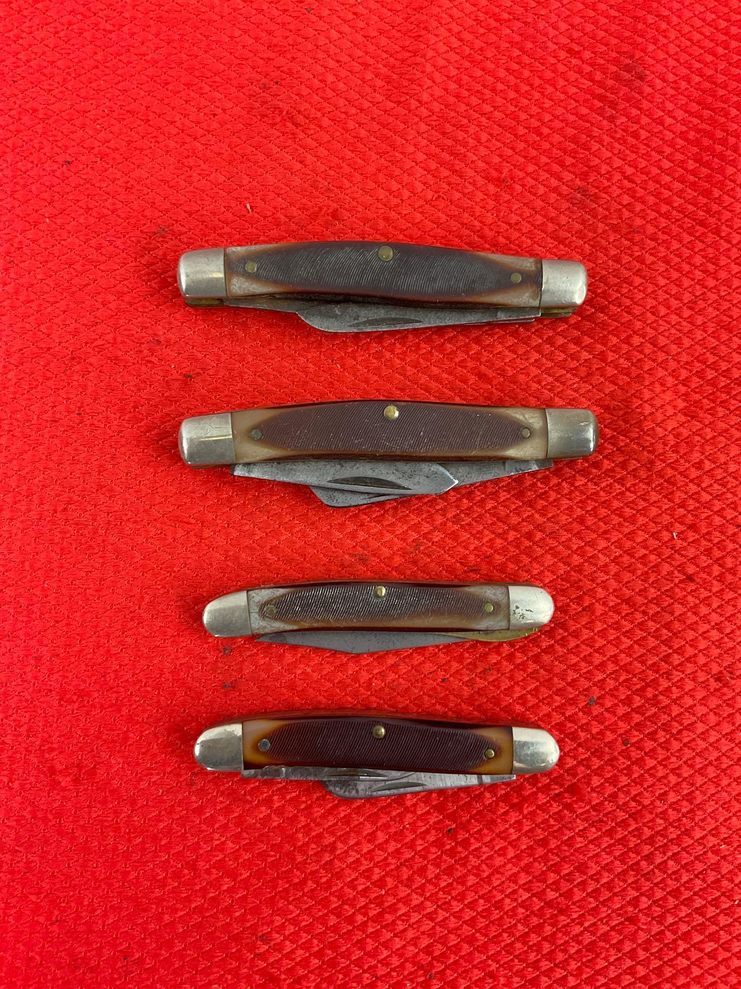 4 pcs Vintage Schrade Old Timer Folding Blade Pocket Knives Models 18OT, 108OT, 2x 34OT. As Is. See