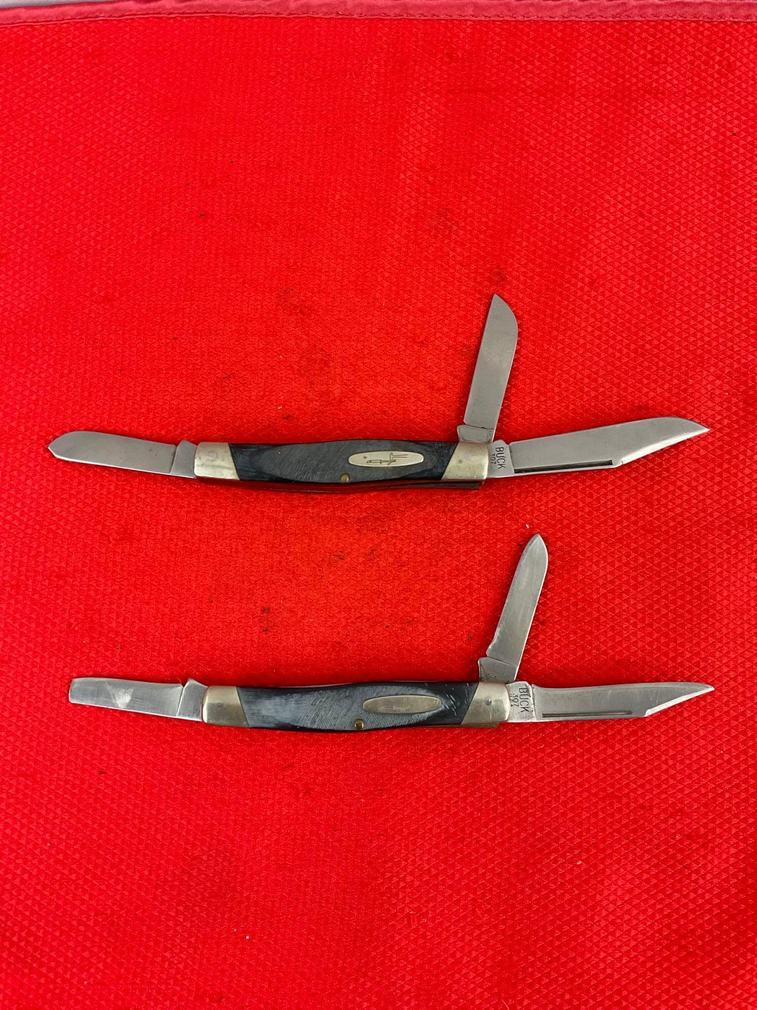 Pair of Vintage Buck Steel 2.5" Folding 3-Blade Stockman Pocket Knives Model 307. See pics.