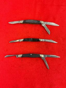 3 pcs Vintage Buck Steel Folding Blade Pocket Knives Models 2x 303 Cadet, 1x 309 Companion. See