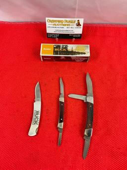 3 pcs Vintage Buck Steel Folding Blade Pocket Knives Models 703, 705 & B525 100 Year Edition. See