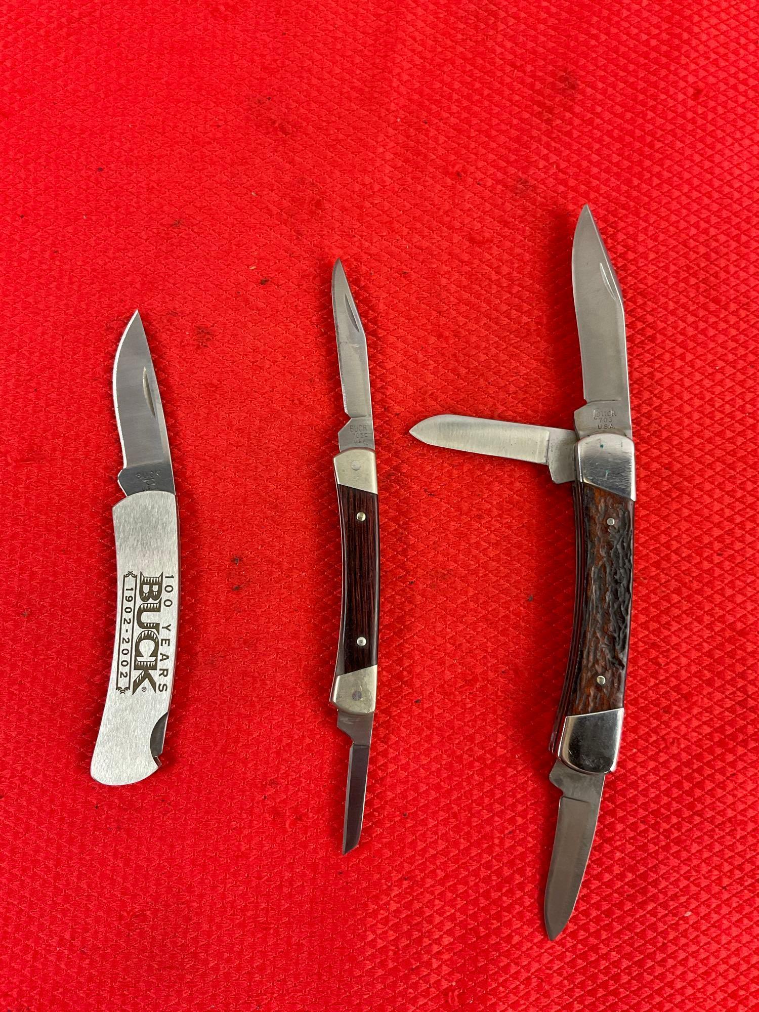 3 pcs Vintage Buck Steel Folding Blade Pocket Knives Models 703, 705 & B525 100 Year Edition. See