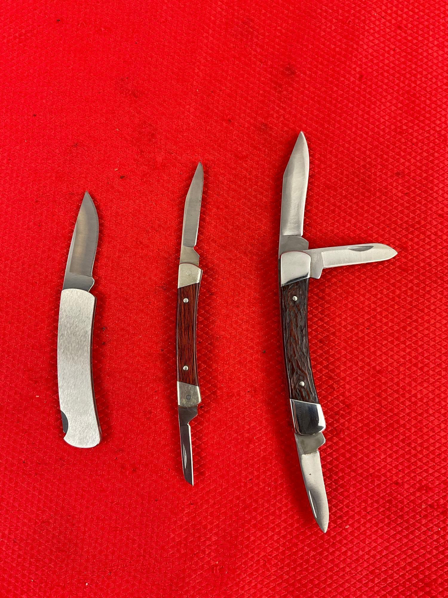 3 pcs Vintage Buck Steel Folding Blade Pocket Knives Models 703, 705 & B525 100 Year Edition. See