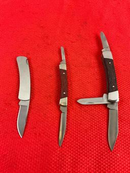 3 pcs Vintage Buck Steel Folding Blade Pocket Knives Models 703, 705 & B525 100 Year Edition. See