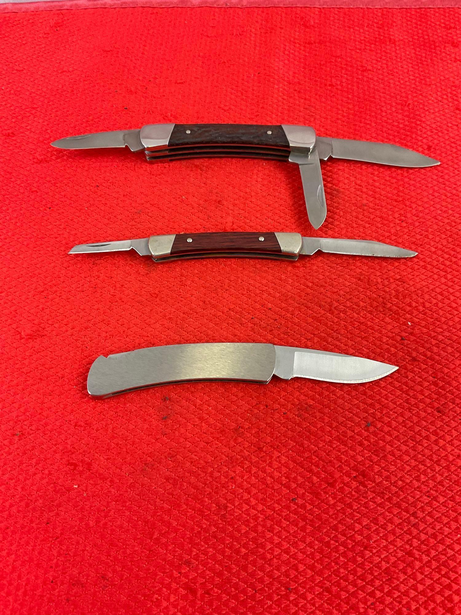 3 pcs Vintage Buck Steel Folding Blade Pocket Knives Models 703, 705 & B525 100 Year Edition. See