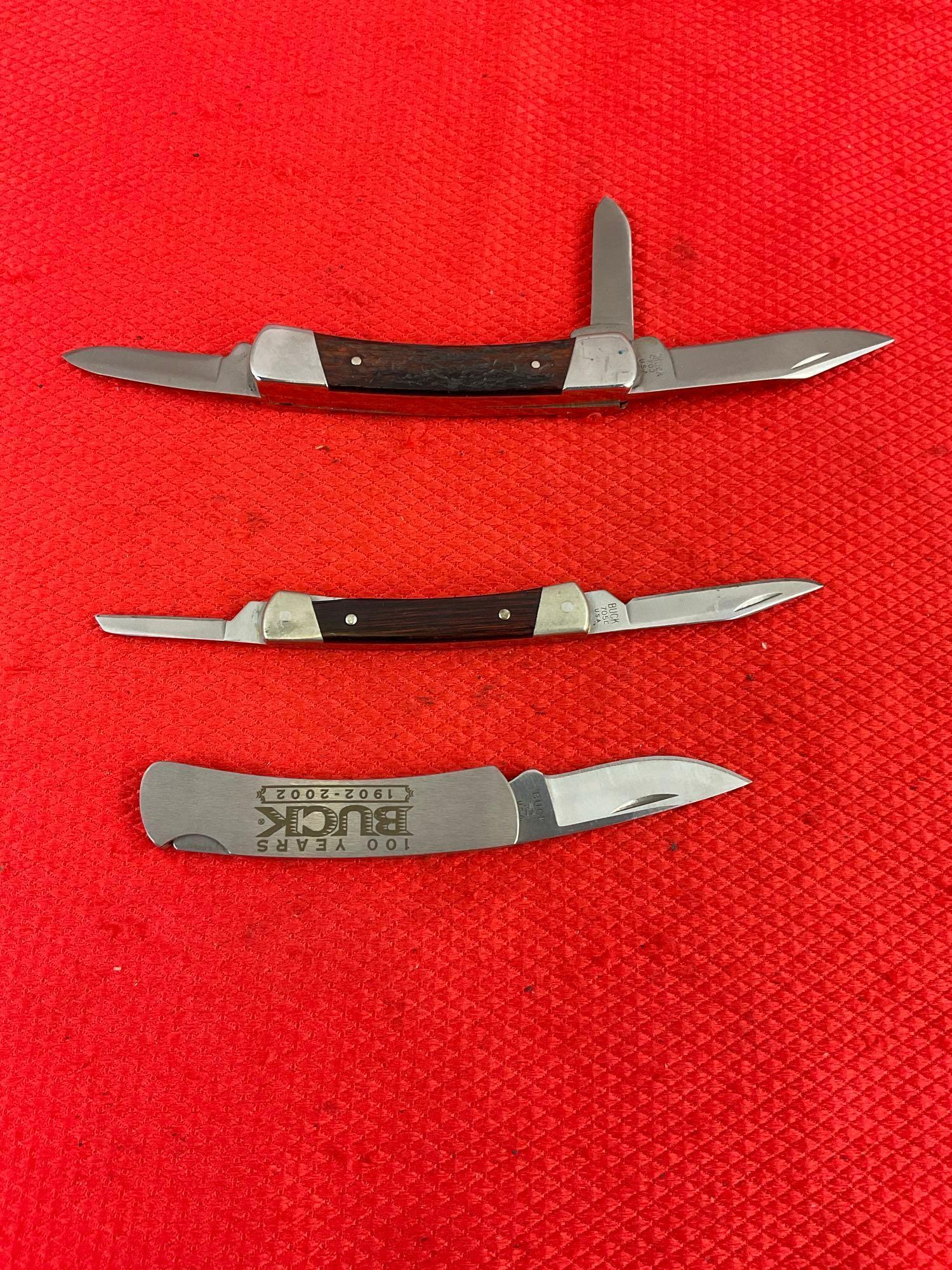 3 pcs Vintage Buck Steel Folding Blade Pocket Knives Models 703, 705 & B525 100 Year Edition. See
