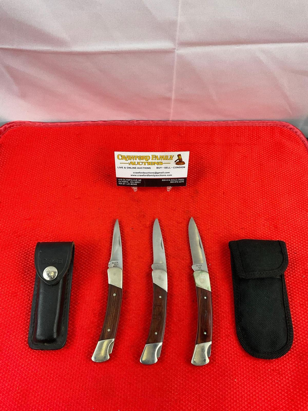 3 pcs Buck 2.5" Steel Folding Blade Pocket Knives Model 501 Squire w/ 2 Sheathes. See pics.