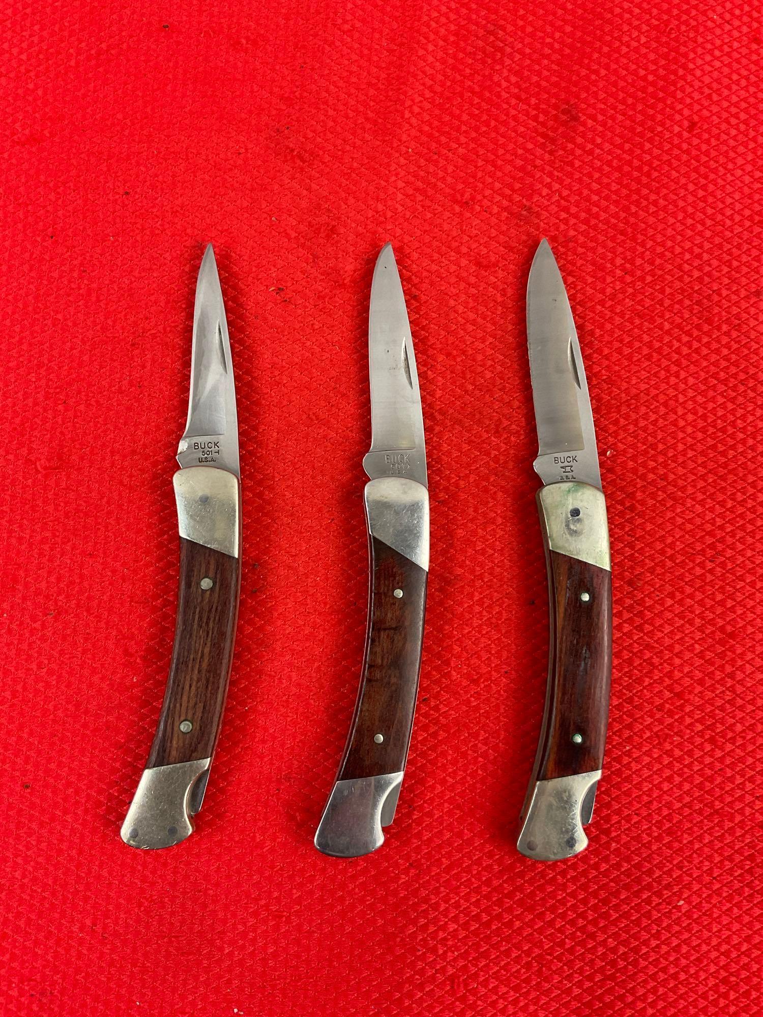 3 pcs Buck 2.5" Steel Folding Blade Pocket Knives Model 501 Squire w/ 2 Sheathes. See pics.